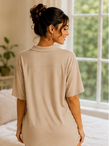 Women’s Beige Button Front Short Sleeve Sleep T-Shirt Nightwear